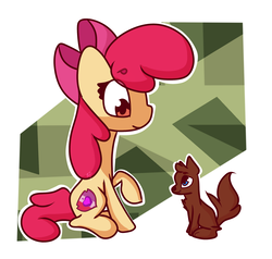 Size: 2055x1955 | Tagged: safe, artist:hedgehog-plant, apple bloom, dog, earth pony, pony, g4, abstract background, female, filly, puppy, sitting