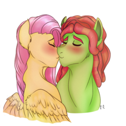Size: 900x900 | Tagged: safe, artist:anxiousshadowpetals, fluttershy, tree hugger, earth pony, pegasus, pony, g4, blushing, bust, cute, eyes closed, female, kissing, lesbian, missing accessory, ship:flutterhugger, shipping, simple background, transparent background, wings
