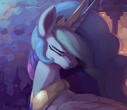 Size: 1100x950 | Tagged: safe, artist:rodrigues404, princess celestia, alicorn, pony, g4, crown, crying, ethereal mane, eyes closed, feather, female, flowing mane, folded wings, grieving, jewelry, lighting, mare, multicolored mane, night, pain, peytral, regalia, royalty, sad, sadlestia, solo, song in the comments, tiara