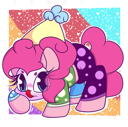 Size: 1024x1016 | Tagged: safe, artist:hedgehog-plant, pinkie pie, earth pony, pony, g4, abstract background, clown, female, hat, mare, party hat, solo