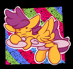 Size: 1800x1700 | Tagged: safe, artist:hedgehog-plant, scootaloo, pegasus, pony, g4, :3, abstract background, cloud, female, filly, sleeping, solo