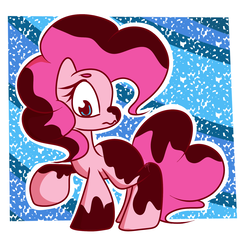 Size: 1800x1700 | Tagged: safe, artist:hedgehog-plant, pinkie pie, earth pony, pony, g4, :s, abstract background, chocolate, dirty, female, food, looking back, mare, raised hoof, solo, wavy mouth