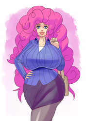 Size: 1131x1600 | Tagged: safe, artist:annon, pinkie pie, human, g4, big breasts, bimbo, bimbo pie, breasts, business suit, busty pinkie pie, curvy, female, halloween costume, humanized, looking at you, solo
