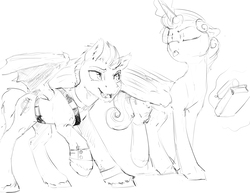 Size: 3300x2550 | Tagged: safe, artist:silfoe, princess flurry heart, oc, oc:pterus, bat pony, other royal book, g4, adopted offspring, black and white, cousins, duo, eyes closed, grayscale, high res, monochrome, older, older flurry heart, parent:princess luna, parent:twilight sparkle, parents:twiluna, raspberry, simple background, tongue out, white background