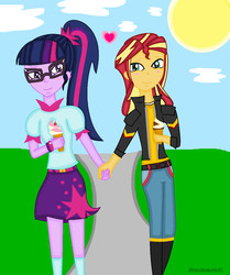 Size: 1116x1332 | Tagged: safe, artist:miraculouslover21, sci-twi, sunset shimmer, twilight sparkle, equestria girls, g4, female, food, holding hands, ice cream, lesbian, ship:sci-twishimmer, ship:sunsetsparkle, shipping, sun