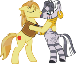 Size: 1946x1636 | Tagged: safe, artist:sketchmcreations, braeburn, zecora, earth pony, pony, zebra, g4, alternate hairstyle, bipedal, blushing, braecora, commission, crack shipping, ear piercing, earring, eyes closed, female, jewelry, kissing, male, mare, piercing, quadrupedal, shipping, simple background, stallion, straight, transparent background, vector, wet mane