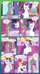 Size: 1024x1868 | Tagged: safe, artist:madkrayzydave, apple bloom, rarity, spike, dragon, g4, carousel boutique, clothes, comic, dialogue, disguise, female, male, mind blown, ponysuit, rarity suit, shocked, suit, undressing, unmask