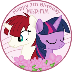 Size: 2000x2000 | Tagged: safe, artist:arifproject, twilight sparkle, oc, oc:fausticorn, alicorn, pony, unicorn, g4, alicorn oc, arif's circle vector, bust, circle, duo, duo female, eyes closed, female, flower, happy birthday mlp:fim, high res, inkscape, mlp fim's seventh anniversary, semi-transparent, simple background, smiling, transparent background, vector