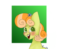 Size: 600x400 | Tagged: safe, artist:sodadoodle, junebug, pony, g4, background pony, blushing, bust, female, flower, flower in hair, gradient background, looking away, mare, portrait, simple background, smiling, solo, transparent background