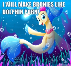 Size: 1100x1024 | Tagged: safe, artist:the-butch-x, edit, princess skystar, dolphin, seapony (g4), g4, my little pony: the movie, bubble, caption, female, fins, image macro, implied porn, meta, open mouth, smiling, solo, text, underwater