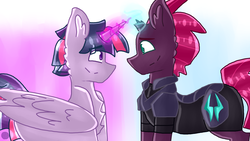 Size: 2560x1440 | Tagged: safe, artist:shinningblossom12, fizzlepop berrytwist, tempest shadow, twilight sparkle, alicorn, pony, unicorn, g4, my little pony: the movie, armor, broken horn, chest fluff, cyclone shade, duo, duo male, dusk shine, ear fluff, eye clipping through hair, eyebrows, eyebrows visible through hair, gay, glowing horn, gradient background, horn, looking at each other, looking at someone, magic, magic aura, male, prince dusk, rule 63, ship:dusk shade, ship:tempestlight, shipping, smiling, smiling at each other, stallion, twilight sparkle (alicorn)