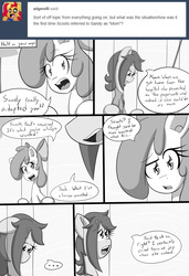 Size: 800x1168 | Tagged: safe, artist:jake heritagu, apple bloom, scootaloo, earth pony, pony, comic:ask motherly scootaloo, comic:to call you mom, g4, ask, comic, flashback, hairpin, monochrome, motherly scootaloo, playground, sweatshirt, swing