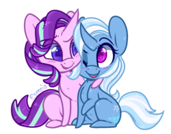 Size: 525x412 | Tagged: safe, artist:esmeia, starlight glimmer, trixie, pony, unicorn, g4, curved horn, cute, diatrixes, duo, female, horn, lesbian, mare, ship:startrix, shipping, simple background, sitting, transparent background