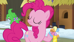 Size: 1280x720 | Tagged: safe, screencap, gummy, pinkie pie, pony, g4, not asking for trouble, ambassador badge, biting, tail bite