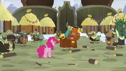 Size: 1280x720 | Tagged: safe, screencap, gummy, pinkie pie, prince rutherford, yona's dad, yona's mom, alligator, earth pony, pony, yak, not asking for trouble, biting, cloven hooves, female, hut, log, male, tail bite, yakyakistan, yickslubertfest