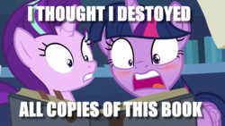 Size: 1200x675 | Tagged: safe, starlight glimmer, twilight sparkle, alicorn, pony, g4, shadow play, blushing, book, grammar error, image macro, meme, twilight sparkle (alicorn)