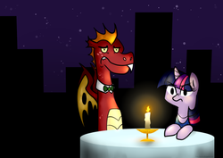 Size: 540x382 | Tagged: safe, garble, twilight sparkle, dragon, pony, g4, crack shipping, date, dressed, duo, female, looking at you, male, night, ship:twigarble, shipping, straight, wat