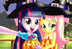 Size: 2000x1373 | Tagged: safe, artist:dieart77, fluttershy, twilight sparkle, equestria girls, g4, blushing, clothes, cute, halloween, holiday, jack-o-lantern, open mouth, pumpkin, selfie, shyabetes, tank top, twilight sparkle (alicorn)