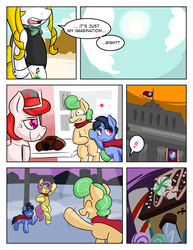 Size: 992x1283 | Tagged: safe, artist:zanezandell, oc, oc only, oc:krabby, oc:sugarbolt, oc:truffle mint, oc:wispy winds, pony, robot, robot pony, comic:cmcnext, candy, clothes, cmcnext, comic, flag, food, goggles, injured, night, nurse, pain, scarf, sky, sunset, waving