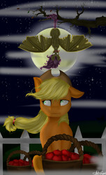 Size: 1820x3000 | Tagged: safe, artist:amywhooves, applejack, fluttershy, bat pony, g4, apple, basket, cloud, cowboy hat, fangs, fence, flowing mane, flutterbat, food, full moon, hat, moon, night, nightmare night, open mouth, paranoia fuel, race swap, red eyes, signature, smiling, spread wings, stars, sweet apple acres, tongue out, torn wings, tree, upside down, wind, windswept mane, wings
