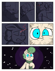 Size: 992x1283 | Tagged: safe, artist:zanezandell, oc, oc only, oc:truffle mint, pony, comic:cmcnext, bed, clothes, cmcnext, comic, dream, energy, nightmare, red, scarf, sleeping, solo