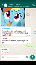 Size: 1440x2560 | Tagged: safe, pharynx, rainbow dash, thorax, zephyr breeze, g4, group chat, meme, owned, roasted, savage, text, texts from ponies, whatsapp