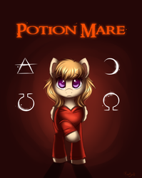 Size: 1355x1700 | Tagged: safe, artist:confetticakez, oc, oc only, oc:melody (potion mare), pegasus, pony, fanfic:potion mare, alchemist, alchemy, clothes, digital art, fanfic, fanfic art, female, folded wings, frown, long mane, looking at you, looking up, mare, potion, purple eyes, raised hoof, red background, robe, simple background, solo, standing, symbol, symbols