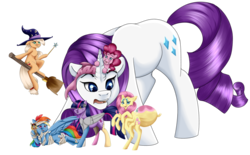 Size: 1024x635 | Tagged: safe, artist:crecious, applejack, fluttershy, pinkie pie, rainbow dash, rarity, twilight sparkle, alicorn, merpony, monster pony, original species, pony, spiderpony, g4, broom, flying, flying broomstick, frankenpony, frankenstein's monster, halloween, hat, holiday, looking at you, mane six, rearing, simple background, size difference, smiling, species swap, spidershy, transparent background, twilight sparkle (alicorn), witch, witch hat