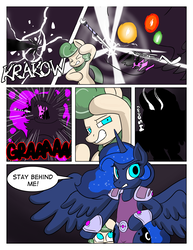 Size: 992x1283 | Tagged: safe, artist:zanezandell, princess luna, oc, oc:truffle mint, pony, comic:cmcnext, g4, battle armor, bipedal, clothes, cmcnext, comic, darkness, dream, explosion, hiding behind wing, krakow, monster, nightmare, scared, scepter, speech bubble