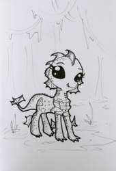 Size: 1440x2116 | Tagged: safe, artist:tjpones, pony, black and white, black sclera, creature from the black lagoon, fins, gills, grayscale, inktober, monochrome, ponified, solo, traditional art