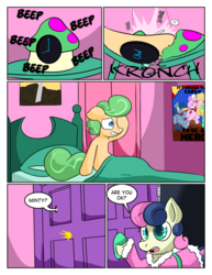 Size: 992x1283 | Tagged: safe, artist:zanezandell, bon bon, sweetie drops, oc, oc:truffle mint, pony, comic:cmcnext, g4, alarm clock, bathrobe, bed, bedroom, clock, clothes, cmcnext, colt, comic, door, female, male, mother, mother and son, pillow, poster, robe, scared, slippers, smashing, son, waking up, worried