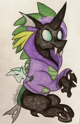 Size: 1196x1855 | Tagged: safe, artist:raritylover152, thorax, changeling, g4, clothes, costume, fangs, hoodie, male, solo, spike hoodie, traditional art