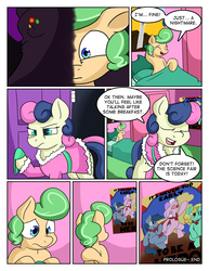 Size: 992x1283 | Tagged: safe, artist:zanezandell, bon bon, sweetie drops, oc, oc:truffle mint, pony, comic:cmcnext, g4, bathrobe, bed, bedroom, clothes, cmcnext, colt, comic, female, freaked out, male, monster, mother, mother and son, poster, robe, scared, scarf, slippers, son, speech bubble