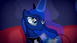 Size: 1920x1080 | Tagged: safe, artist:2snacks, princess luna, alicorn, pony, two best sisters play, g4, controller, crown, cute, eyelashes, female, flowing mane, glasses, horn, jewelry, leaning back, lunabetes, magic, mare, necklace, regalia, smiling, solo