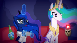 Size: 1280x720 | Tagged: safe, artist:2snacks, princess celestia, princess luna, alicorn, pony, two best sisters play, g4, angry video game nerd, controller, jason, jason voorhees, rolling rock
