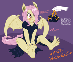 Size: 953x800 | Tagged: safe, artist:caroo, fluttershy, bat pony, anthro, plantigrade anthro, g4, adorascotch, adorasexy, barefoot, batterscotch, blushing, butterscotch, clothes, crossdressing, cuffs, cute, dress, feet, female, femboy, fetish, flutterbat, foot fetish, foot focus, halloween, holiday, imminent bondage, imminent tickles, implied elusive, implied rarity, male, male feet, race swap, rule 63, rule63betes, sexy, shyabates, shyabetes, this will end in tickles, toe ring, toes, wiggling toes, yay