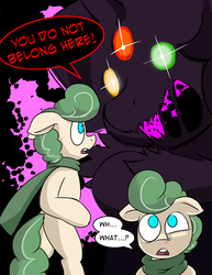 Size: 992x1283 | Tagged: safe, artist:zanezandell, oc, oc only, oc:truffle mint, pony, comic:cmcnext, bipedal, clothes, dream, monster, nightmare, scarf, speech bubble, third eye, three eyes