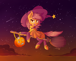 Size: 3125x2500 | Tagged: dead source, safe, artist:dsp2003, oc, oc only, oc:meadow stargazer, bat pony, pony, bedroom eyes, blushing, broom, candy, cloud, cute, female, flying, flying broomstick, food, frog (hoof), halloween, hat, high res, holiday, lollipop, looking at you, mare, ocbetes, open mouth, pumpkin bucket, race swap, solo, stars, underhoof, witch, witch hat