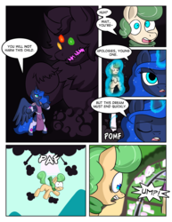 Size: 992x1284 | Tagged: safe, artist:zanezandell, princess luna, oc, oc:truffle mint, pony, comic:cmcnext, g4, battle armor, battle outfit, cmcnext, comic, dream, falling, levitation, magic, monster, nightmare, pomf, sky, speech bubble, telekinesis