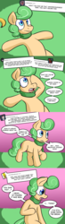 Size: 700x2400 | Tagged: safe, artist:zanezandell, oc, oc only, oc:truffle mint, pony, comic:cmcnext, ask, banana, clothes, cmcnext, comic, existential crisis, food, scarf, solo, speech bubble, tumblr, worried