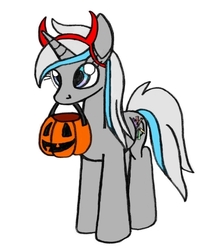 Size: 567x683 | Tagged: safe, artist:dsb71013, edit, oc, oc only, pony, unicorn, devil horns, female, halloween, holiday, mouth hold, pumpkin bucket, simple background, white background