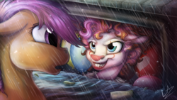 Size: 3840x2160 | Tagged: safe, alternate version, artist:lupiarts, pinkie pie, scootaloo, earth pony, pony, g4, balloon, blue eyes, clown, crossover, female, filly, high res, it, mare, open mouth, pennywise, pinkiewise, rain, sidewalk, signature, stephen king, storm drain, teeth, this will end in cupcakes, water