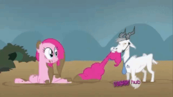 Size: 480x270 | Tagged: safe, screencap, pinkie pie, goat, g4, putting your hoof down, animated, biting, chewing, dirty, eating, female, gif, hub logo, mud, tail bite, tail chewing