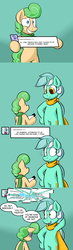 Size: 700x2400 | Tagged: safe, artist:zanezandell, lyra heartstrings, oc, oc:truffle mint, pony, comic:cmcnext, g4, ask, awkward, awkward moment, bipedal, clothes, cmcnext, comic, confused, female, holding up, male, mother, mother and son, scarf, shattered, son, speech bubble, sweat, tumblr