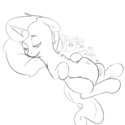 Size: 1896x1906 | Tagged: safe, artist:anonopony, lemon hearts, g4, belly, belly button, chubby, female, food, lidded eyes, lineart, monochrome, on back, pillow, solo, tongue out