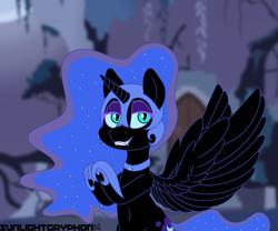 Size: 6000x5000 | Tagged: safe, artist:sunlightgryphon, nightmare moon, g4, absurd resolution, belly button, blurry background, fangs, nightmare night, smiling, wings