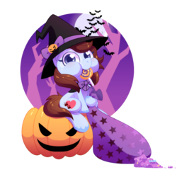 Size: 1200x1200 | Tagged: safe, artist:yokokinawa, oc, oc only, oc:maizzey starr, pony, candy, female, food, halloween, hat, holiday, jack-o-lantern, lollipop, mare, pumpkin, simple background, solo, transparent background, witch hat