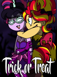 Size: 3000x4000 | Tagged: safe, artist:befishproductions, sci-twi, sunset shimmer, twilight sparkle, equestria girls, g4, my little pony equestria girls: friendship games, clothes, costume, dress, female, halloween, holiday, hug, lesbian, midnight sparkle, midnightsatan, purple background, ship:sci-twishimmer, ship:sunsetsparkle, shipping, simple background, smiling, sunset satan, trick or treat