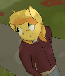 Size: 3000x3508 | Tagged: safe, artist:triplesevens, braeburn, earth pony, anthro, g4, autumn, clothes, college, high res, jacket, looking up, smiling, walking