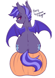 Size: 693x983 | Tagged: safe, artist:lulubell, derpibooru exclusive, oc, oc only, oc:night watch, bat pony, bat pony oc, both cutie marks, butt, looking over shoulder, nightmare night, plot, pumpkin, simple background, sitting, solo, transparent background